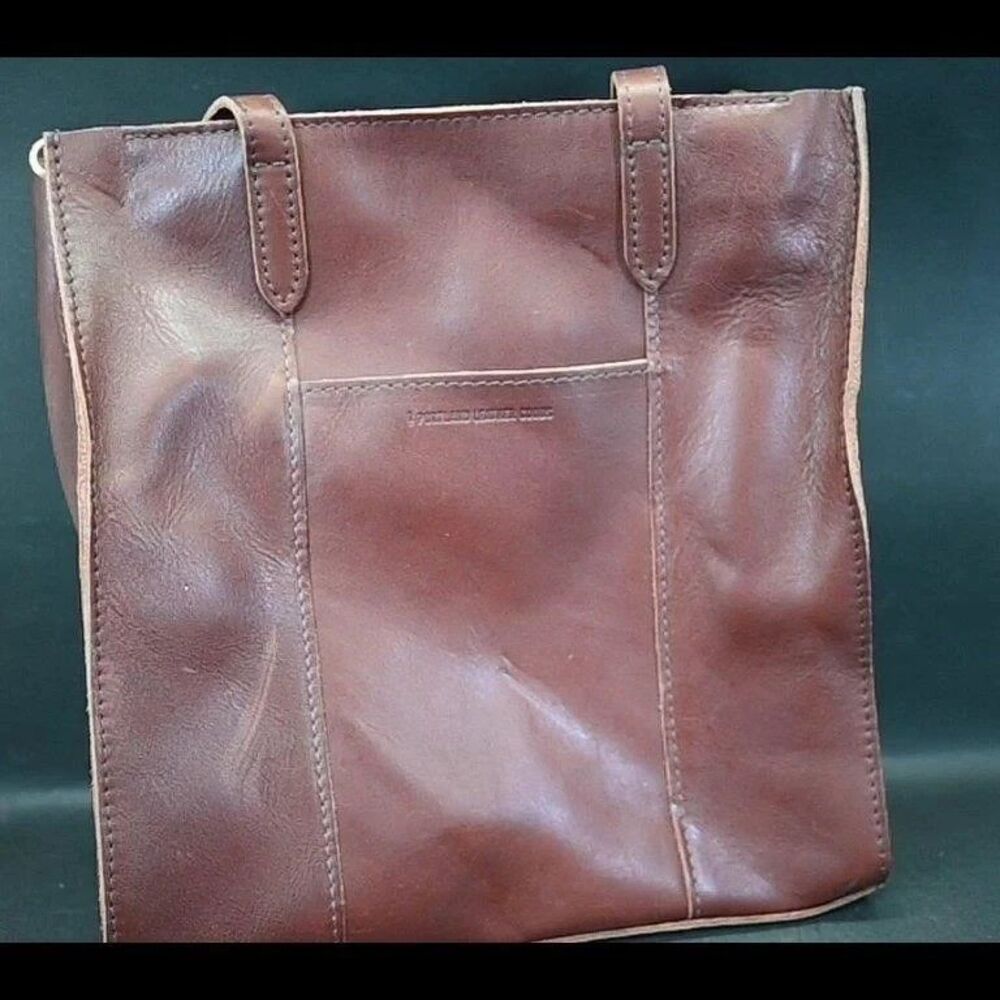 FRYE Brown Leather Shoulder Tote Bag Shopper Slouchy Purse Cognac Brass Hardware